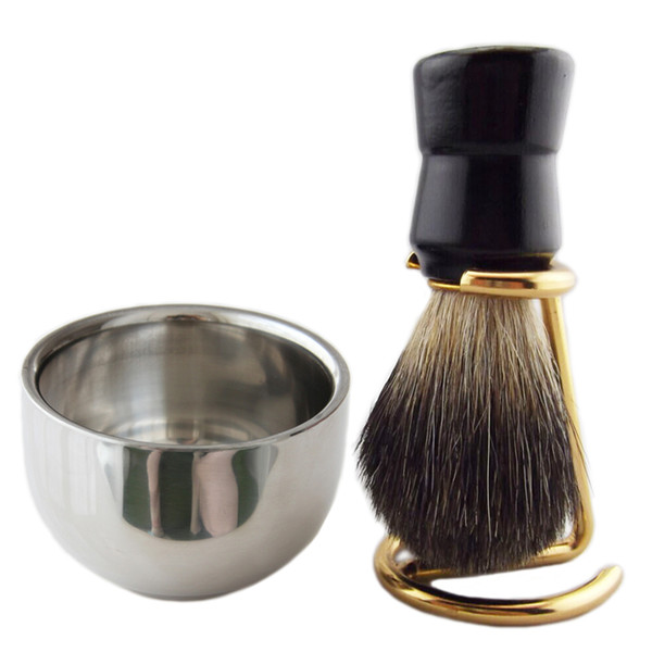 3 Pcs Shaving Set Stand Holder Metal Soap Bowl Mug Cup Black Badger Hair Beard Brush Wooden Handle