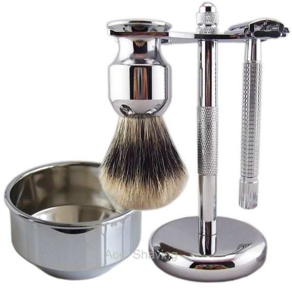 Finest Badger Hair Shaving Brush Butterfly Head Safety Razor DE Blade Metal Stand Bowl Barber Beard Remove Kit