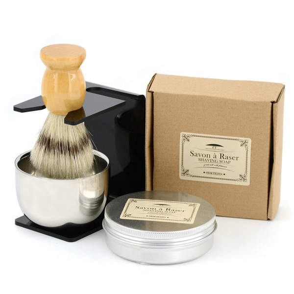 Wholesale-ZY Travel Shaving Beard Set Men Natural Wooden Bristle Hair Shave Brush +Bowl Stand + Barber 100g Goat Milk Soap Razor Cup