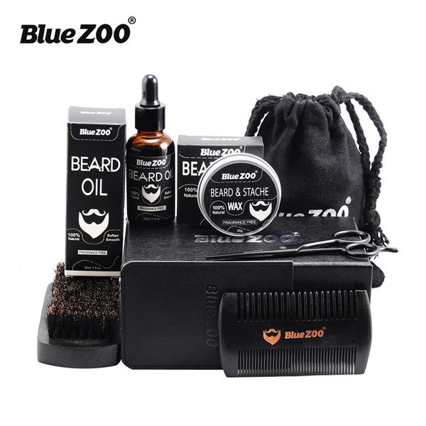 Black Bluezoo Beard Set Beard Oil Beard Wax Double Side Comb Brush Bag Small Scissors 7 Piece Set