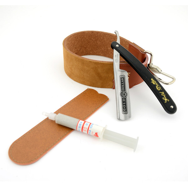 Men Gold Dollar 66 Straight Razor Cut Throat + Genuine Leather Sharpening Strop + 10000# Polishing Paste Shaving Beard Kit