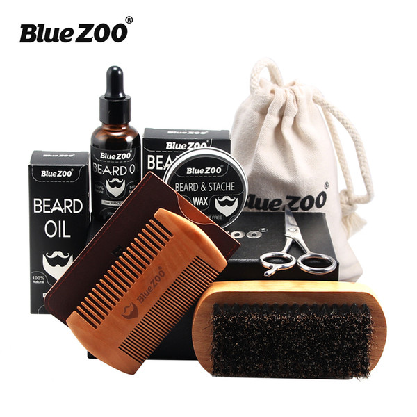 Bluezoo Beard Set Beard Oil Beard Wax Double Side Comb Brush Bag Small Scissors 7 Piece Set