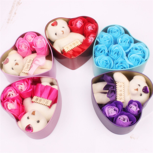 Romantic Rose Soap Flower With Little Cute Bear Doll 3 Rose 1 Bear & 9 Rose Heart Box Valentine Day Gifts Wedding Gift birthday