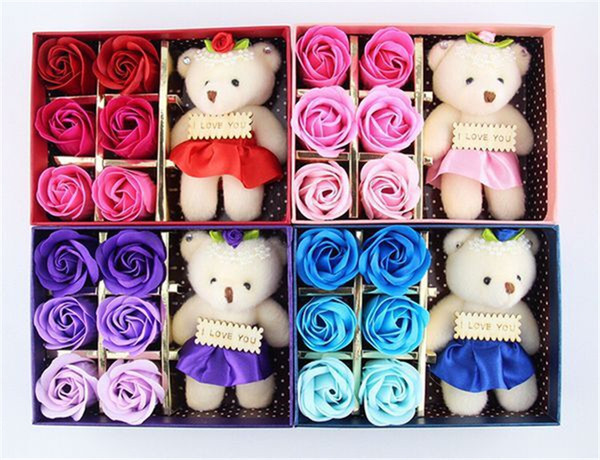 Romantic Rose Soap Flower With Little Cute Bear Doll 6pcs Box Gift For Valentine Day Giftsfor Wedding Gift or birthday Gifts