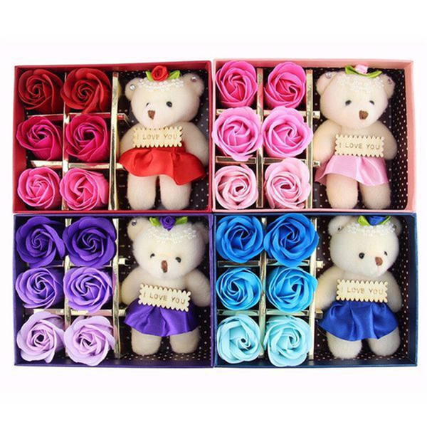 2018 Romantic Rose Soap Flower With Little Cute Bear Doll 6pcs Box Gift For Valentine Day Giftsfor Wedding Gift or birthday Gifts