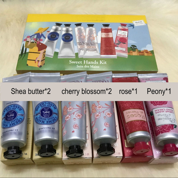 retail 3set Famous Brand hands cream sweet hands kit soin des mains Butter+cherry blossom+Peony+rose 1set=6pcs 30ml/pcs mini hand lotions