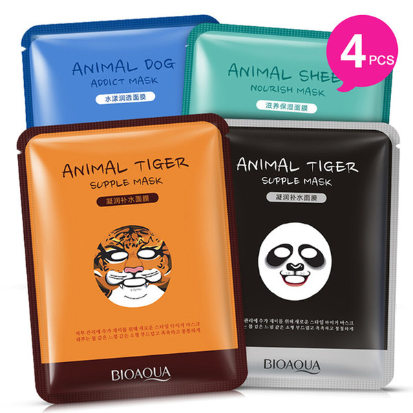 Wholesale- 4Pcs/Lot BIOAQUA 4Pcs Tiger Panda Sheep Dog Shape Animal Face Mask Moisturizing Oil Control Hydrating Nourishing Facial Masks