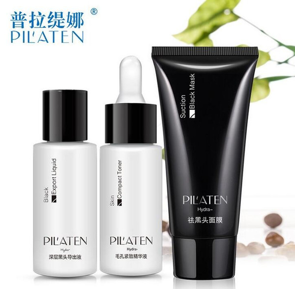 3pcs/Set 100% original PILATEN blackhead remover ,black head export liquid+black mask+compact toner,black mud face mask