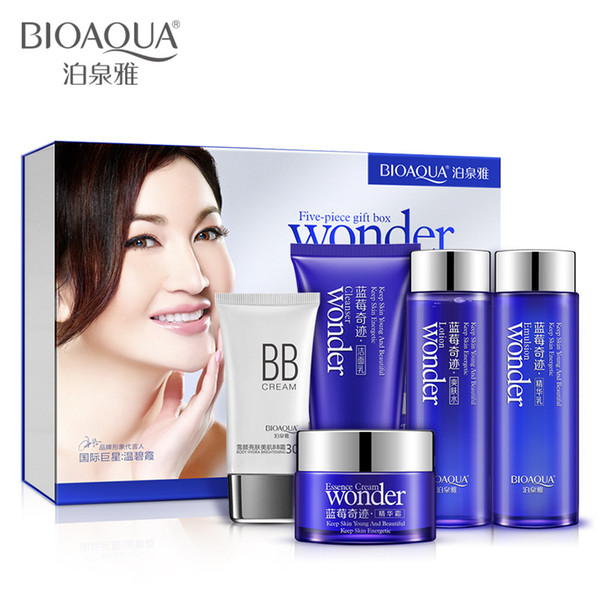 Bioaqua Makeup face cream Blueberries miracle cosmetic set 5pcs Gift Moisturizing oil control retractable pores skin care set face cleanser