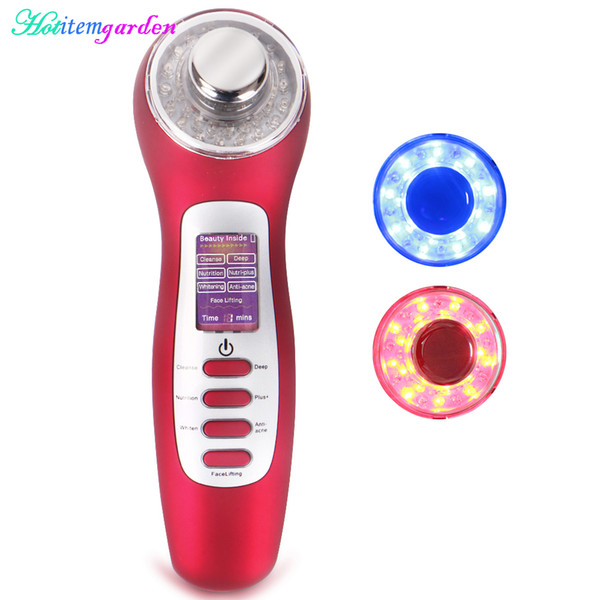 Portable 3MHz Ultrasound Face Skin Lifting Red Blue LED Photon Galvanic ION Nutrition Biowave Acne Wrinkle Removal Anti-aging Beauty Machine