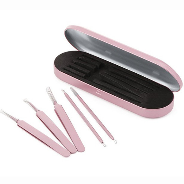 Brand New Custom Logo OEM 5PCS Pink Face Care Stainless Steel Skin Blackhead Tweezers Remover Kit Blackhead Blemish Acne Pimple Extractor