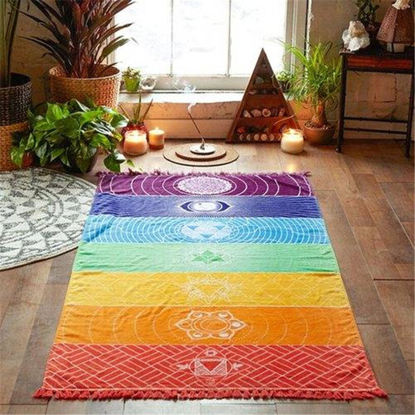 150x75cm Yoga Mat Tapestry Rainbow 7 Colors Stripes Beach Towel Summer Wall Hanging Mandala Blanket Travel Sunscreen Shawl HQ210