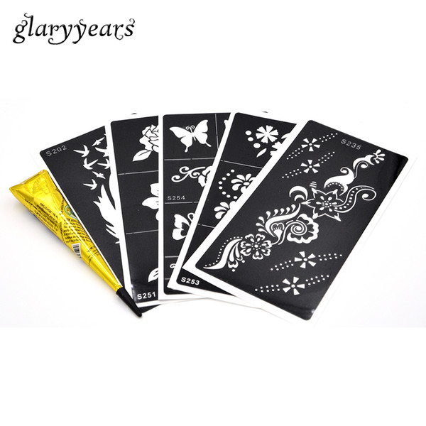 Wholesale- 5 Pieces Medium Henna Stencil + 1 Piece Black Henna Paste DIY Drawing Hollow Tattoo Template Body Arm Chest Back Art Paint Beach