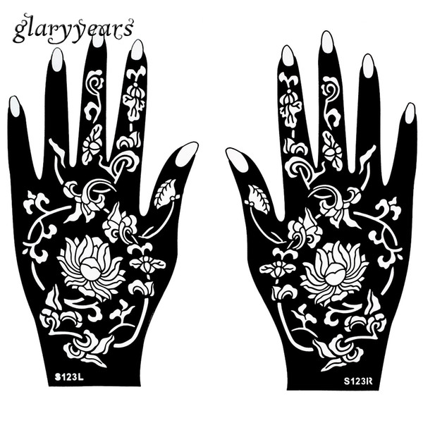 Wholesale-1 Pair Henna Tattoo Stencil Waterproof Flower Pattern Design Hands Mehndi for Painting Beauty Woman Body Art Tattoo Stencil S123