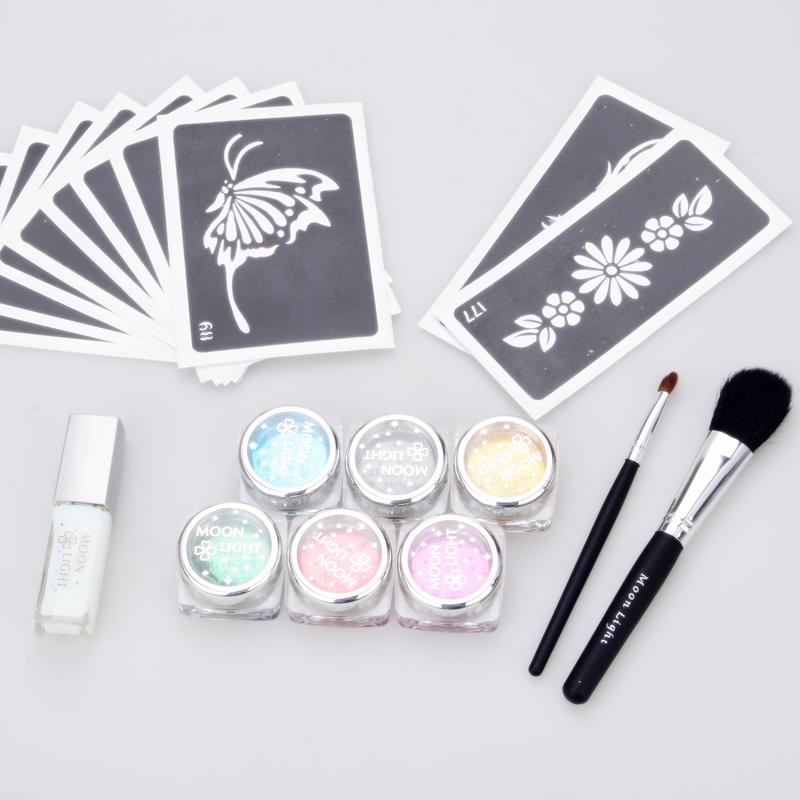 temporary tattoo glitter tattoo Kit 6 color powder with stencil glue brush supply