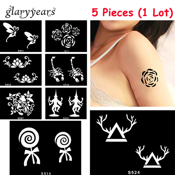 Wholesale-5 Pieces/lot Small Henna Body Stencil Beauty 72 Designs Life Tree Women DIY Hands Leg Art Airbrush Paint Drawing Tattoo Template