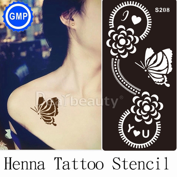 Wholesale-1sheet Henna Tattoo Stencils Template professional compatible with Henna tatoo paste butterfly for Body Painting supplies S208