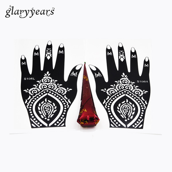 Wholesale-1 Pair Hands Henna Stencil + 1 Piece Brown Color Henna Paste Flower Lace Hollow Decal Mehndi Tattoo Stencil Hands Art Paint Draw