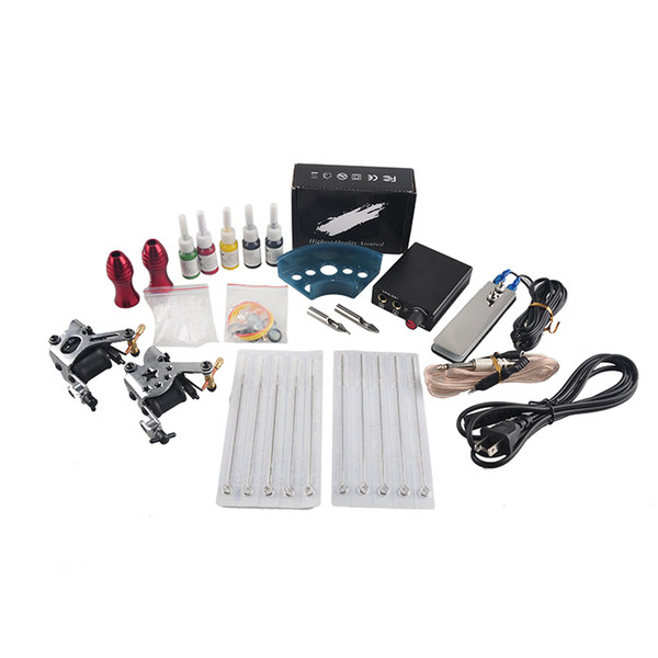 Tattoo Kit Gun 2 Machines Guns 5 Colors Inks Sets 10 Pieces Needles Power Supply Tips Grips Tattoo Guns Kits