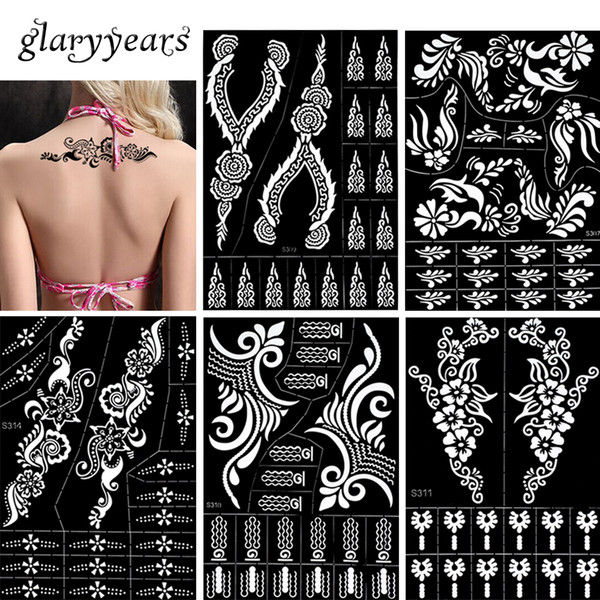 Wholesale-30 Designs 1 Piece Large Indian Henna Stencil Hollow Airbrush Paint Template Sexy Women Makeup Body Art Tattoo Stencil Temporary