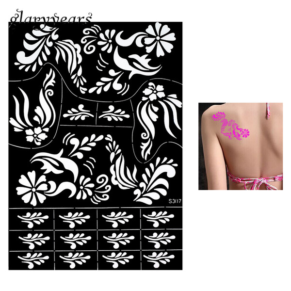 Wholesale-1 Piece Indian Henna Tattoo Stencil Hollow Beauty Leaf Flower Airbrush Painting Women Back Art Henna Tattoo Stencil Sticker S307