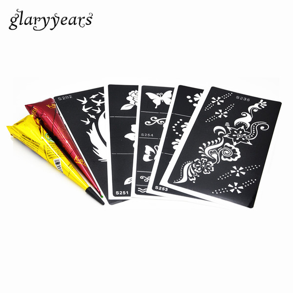 Wholesale-5 Pieces Medium Henna Stencil + 2 Pieces Black and Brown Color Henna Paste Cone Body Paint Draw Tattoo Templates Christmas Gifts