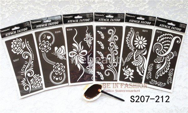 Wholesale-6pcs/lo Mehndi Indian Henna Tattoo Stencil reuseable Henna Tatoo Template Professional Tattoos Stencils For hand Painting bride