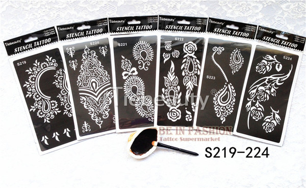 Wholesale-6pcs/lot Temporary Tattoo Stencils sheets for Henna tattoo paste reusable Template professional new glitter Painting supplies