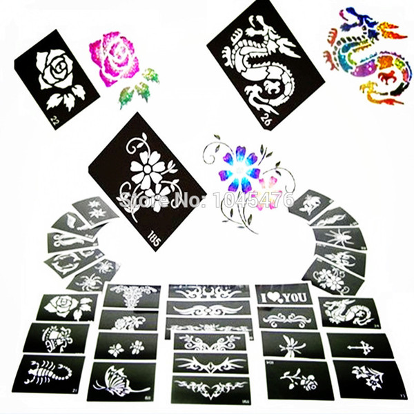 Wholesale-100pcs/lot Temporary Glitter Tattoo Stencils-Tattoo Template For Flash Body Art Paint With 1000 Mixed Designs Free Shipping