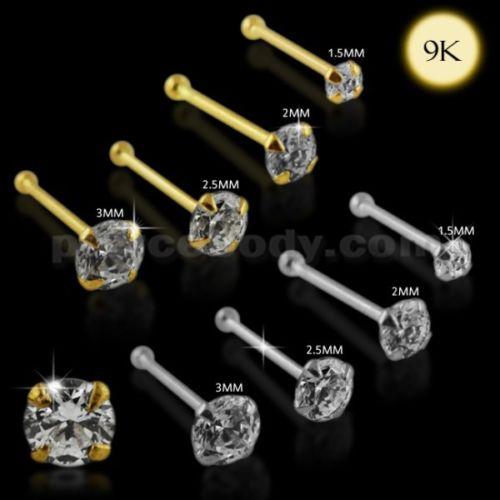 22G-6mm 9K Solid Gold Ball End Round Quality Machine Cut Jeweled Nose Pin Stud