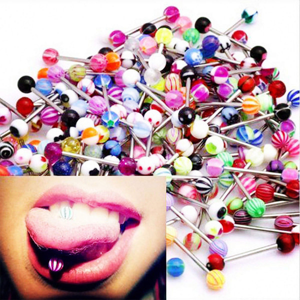 30 60 100pcs/Lot Fashion 316L Surgical Steel Mixed Colors Tounge Rings Bars Barbell Tongue Piercing Body Jewelry Tongue Pin