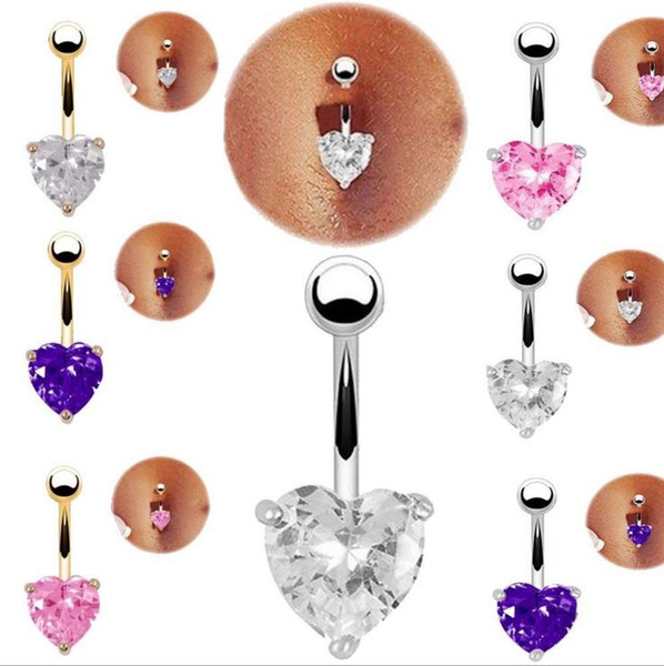 Fashion Love Heart belly button rings Bar Gold / Silver Plated Surgical Piercing Sexy Body Jewelry for women CZ navel piercing