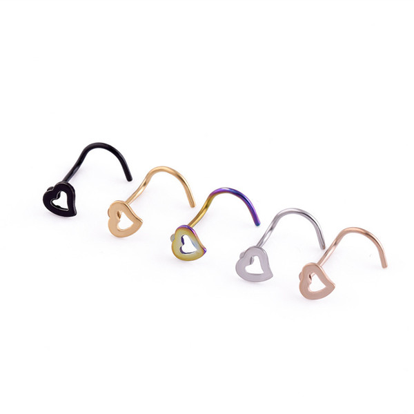 7 Colors Body Jewelry Hollow Heart Stainless Steel Corner Nose Screw Rings Studs Piercing Nail Fashion Jewelry