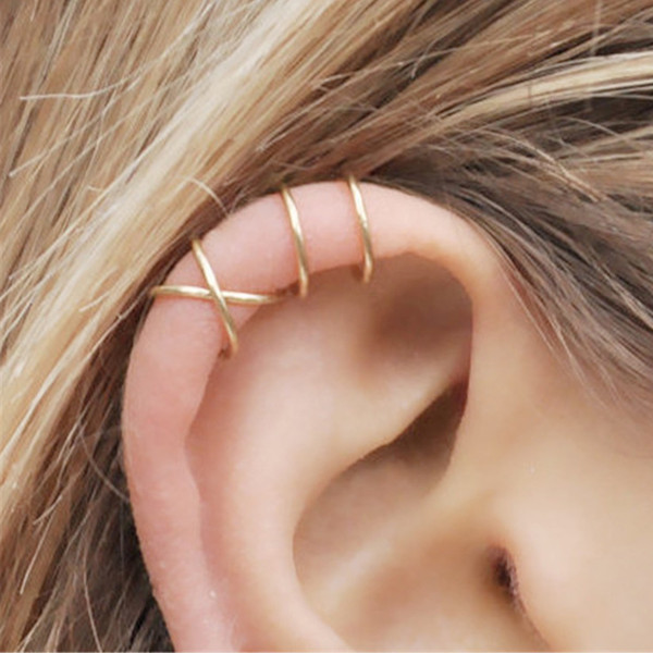 Fashion 2Pcs/Set Cartilage Punk Ear Cuff Clip-On Earrings Non-Piercing Cross 3 Color Wrap Clip Earrings