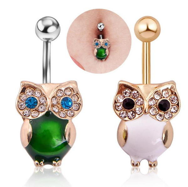 1 pc/order Lovely Owl Navel Piercing Ombligo Women 14G Green Cat's Eye Stone Belly Piercing Nombril Belly Button Rings Pircing