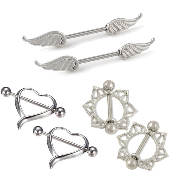 Hot 1 Pair Unisex Charm Personality Alloy Heart/wing/ Flower Barbell Nipple Ring Body Piercing Jewelry