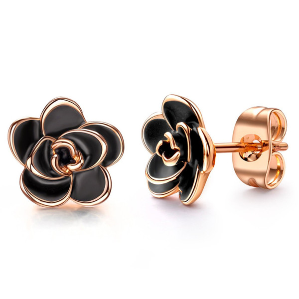 Alloy Plated Black Rose Flower Stud Earrings for Women