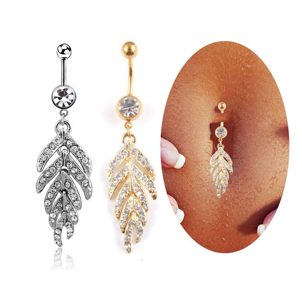 New 1Pcs Women Sexy Leaf Feather dangle belly button rings stainless steel navel piercings fashion body jewelry navel ring