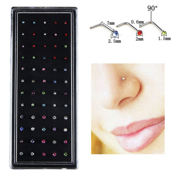 Charm 60pcs/set Stainless Steel CZ Crystal L Shape Nose Ring Body Piercing Stud Wholesale