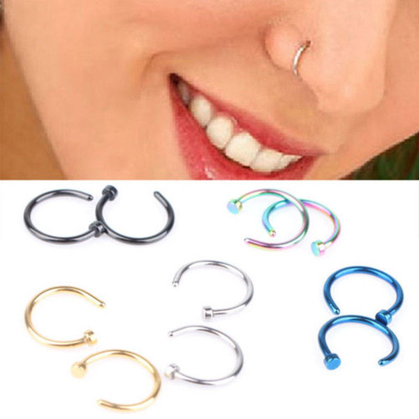 2 Pcs Stainless Steel 6 Colors Nose Hoop Nose Rings Stainless Steel Body Fake Septum Piercing Jewelry Faux Clip Hoop Rings