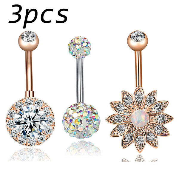 3Pcs/set Lotus Flower Opal Belly Piercing Navel Piercing Navel Earring Gold Belly Piercing Sex Body Jewelry Pircing