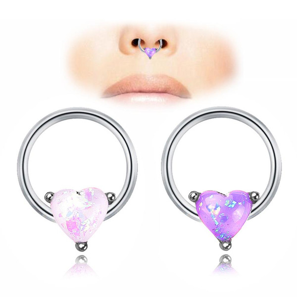 Women Heart Shape Faux Opal Stainless Steel Nose Ring Body Piercing Jewelry fashion