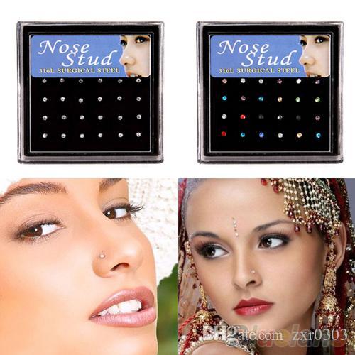 2018 hot sale 24pcs/set Nose Ring Fashion Body Jewelry Nose Studs Stainless Surgical Steel Nose ring Piercing Crystal Stud