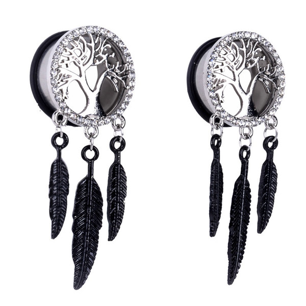 1 Pair Fashion Surgical Steel Crystal Tree of Life Hollow Leaf Dangle Screw Ear Plug Saddle Flesh Tunnel Ear Gauge Expander