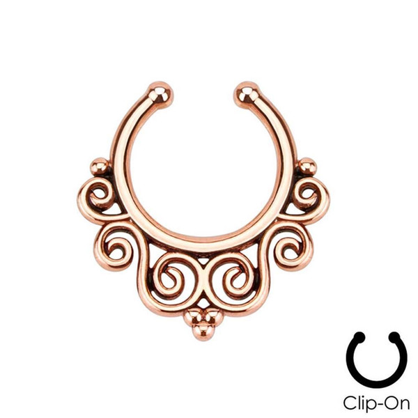 1 Piece Clip On Fake Septum Clicker Non Piercing Nose Ring Hoop Tribal Swirls 3 Colors For Choose