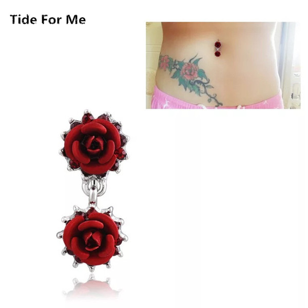 Moda Rosa Roja Flor Vientre Botón Anillo Joyería Cuerpo Piercings Ombligo Anillos Retro Mujeres Niñas Playa Accesorios Fiesta Regalo