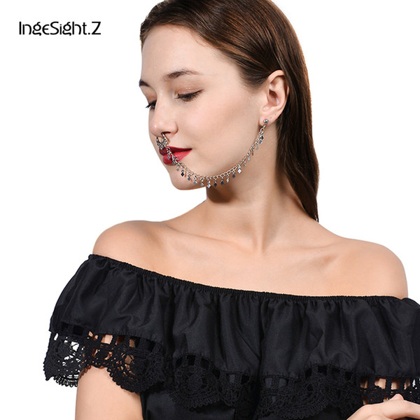 IngeSight.Z Punk Indian Gold Silver Color Nose Ring Bohemian Sequin Tassel Tragus Piercing Clip Ears Nose Rings for Women Jewely