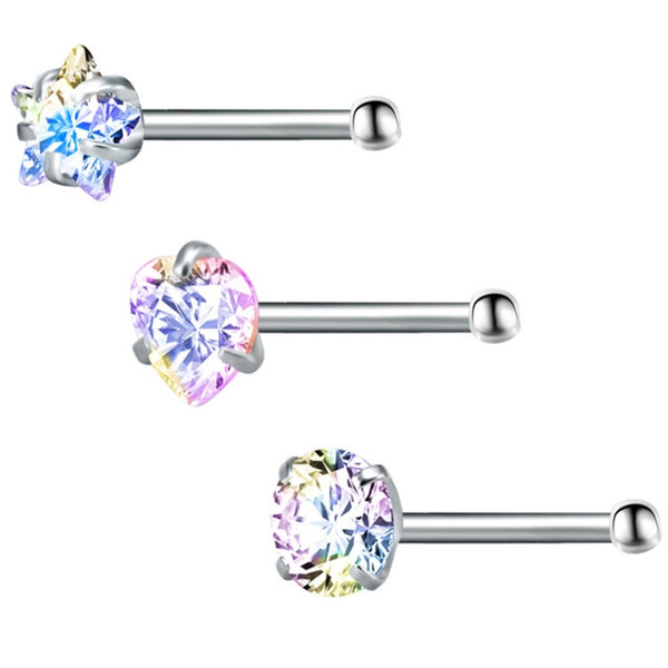 3 Pcs\set Star Rhinestone Nose Studs Bar 316 Stainless Steel Nose Piercing Pin Earrings Crystal Nariz Nose Rings Fashion Jewelry