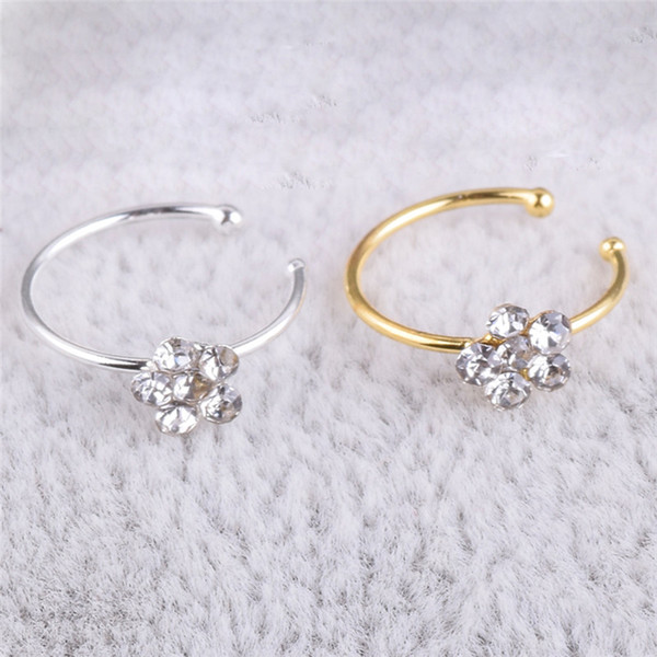 New 1 pcs Stainless Steel Circular Nose Ring Circular Punk Small Thin Clear Rhinestone Flower Lip Ear Nose Clip On Fake Piercing