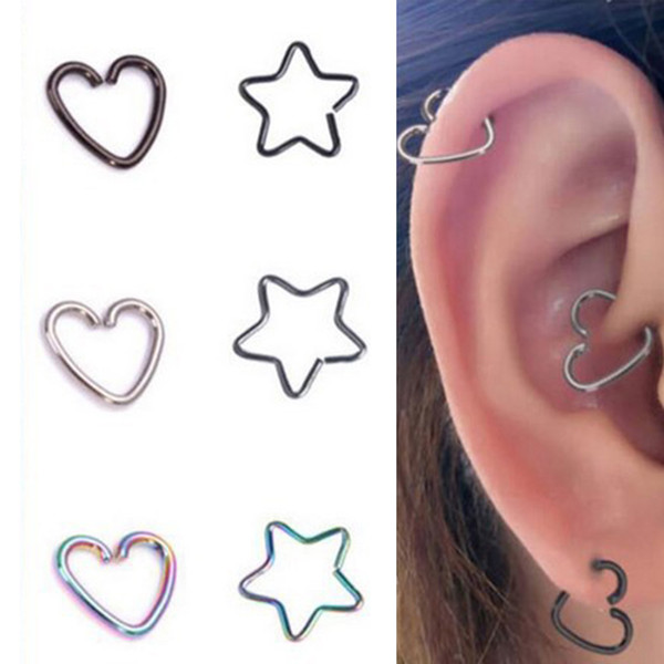 Heart/Star Shaped Fake Piercings Hoop Cartilage Tragus Daith Ear Studs Lip Nose Rings Piercing Earrings Jewelry